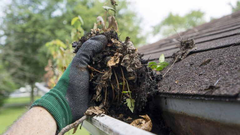 Gloved hand removing leaves from a home's gutter